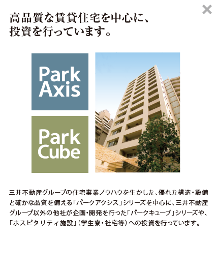 【高品質な賃貸住宅を中心に、投資を行っています。】三井不動産グループの住宅事業ノウハウを生かした、優れた構造・設備と確かな品質を備える「パークアクシス」シリーズを中心に、三井不動産グループ以外の他社が企画・開発を行った「パークキューブ」シリーズや、賃貸住宅以外の「その他アコモデーション資産」（学生寮・学生マンション等）への投資を行っています。